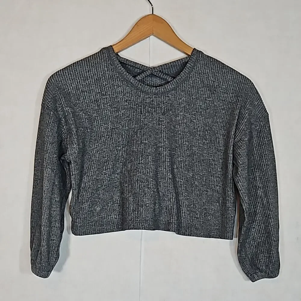 Old Navy Girls Dark Grey Long Sleeve Ribbed Cropped Tee with Lattice Back